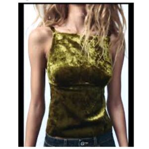 ZARA Womens Crushed Velvet Cami Top X Small Golden Green Sleeveless Y2K 90s Glam